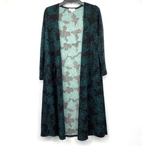 LuLaRoe Sarah Cardigan Black Blue Floral Duster Open Front Pockets